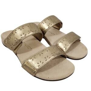 VIONIC WOMENS RANDI GOLD METALLIC LEATHER COMFORT SLIDE SANDALS ADJUSTABLE SZ 6
